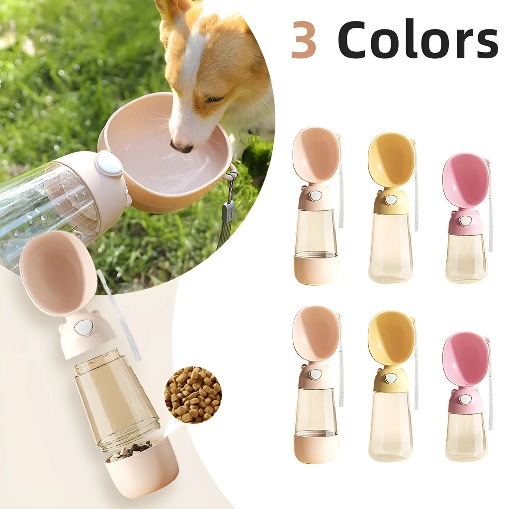 Portable dog water bottle with integrated food container in brown, pink, or yellow colours
