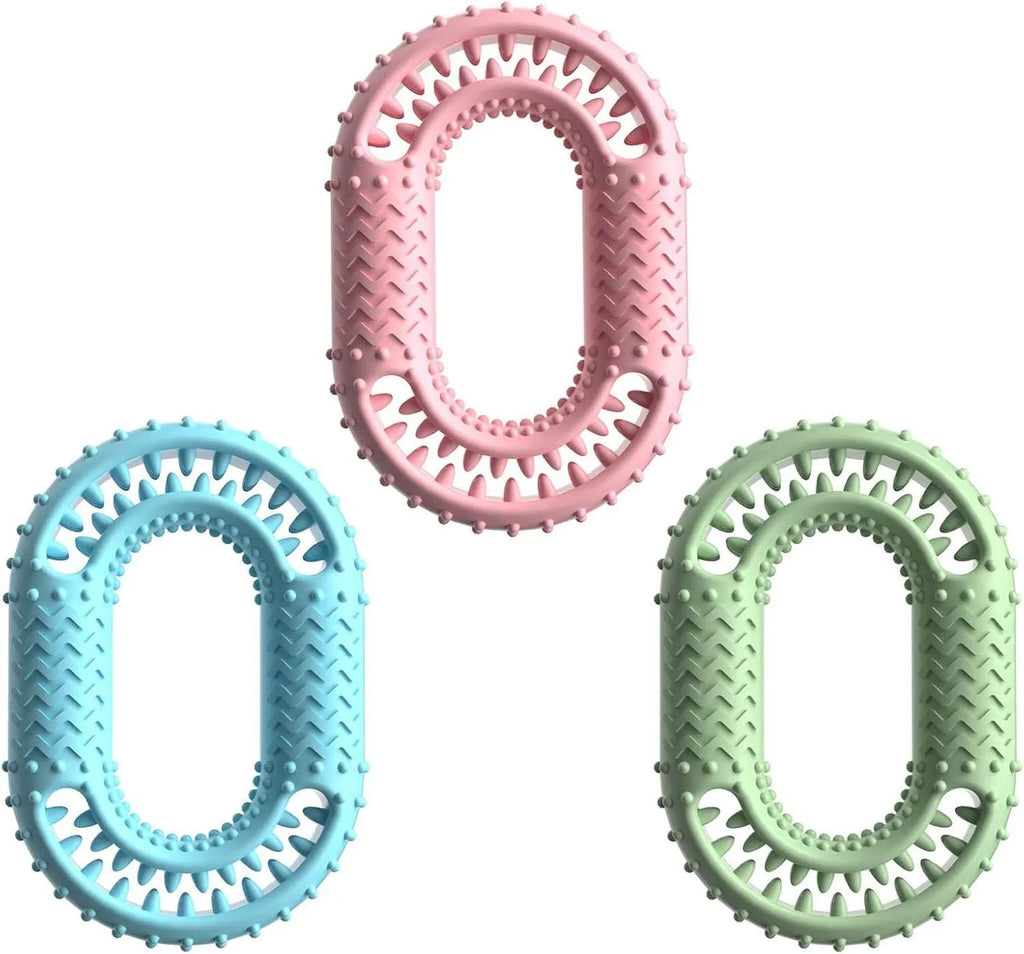 Blue O-ring shaped dog chew toy for aggressive chewers on a plain background.