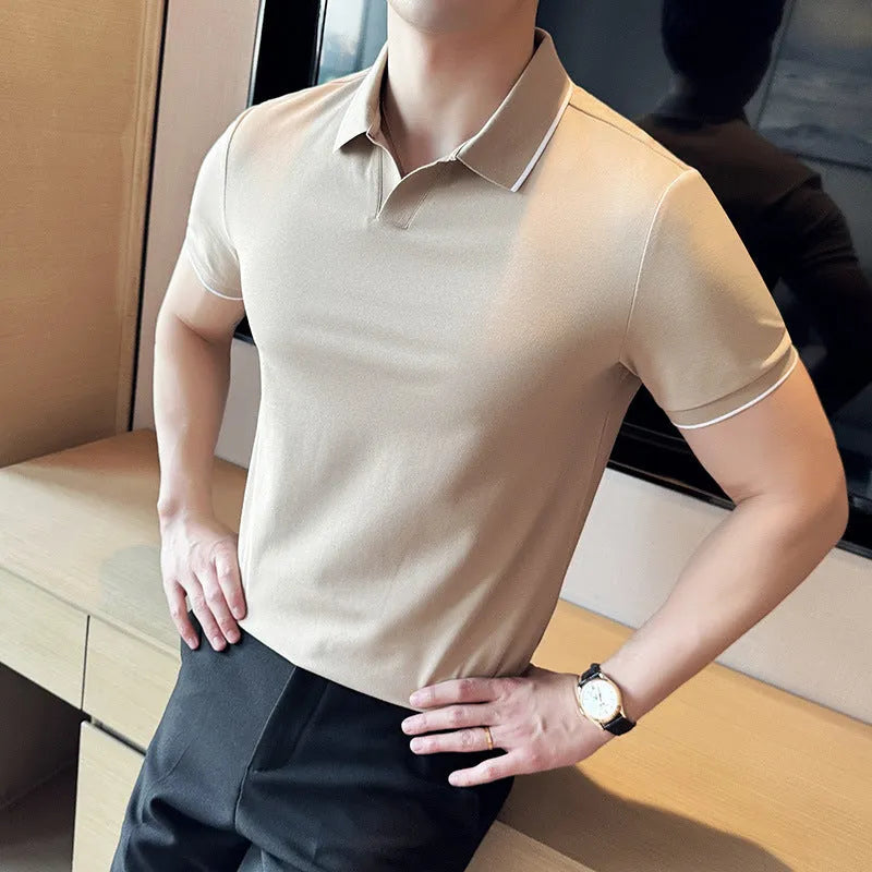 Men's short sleeve polo shirt with lapel collar in mercerised pearl cotton, shown in multiple colour options.