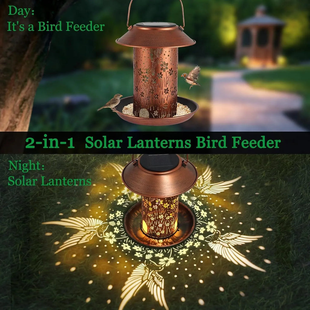 Iron solar bird feeder with hummingbird pattern and integrated LED light for outdoor garden use.