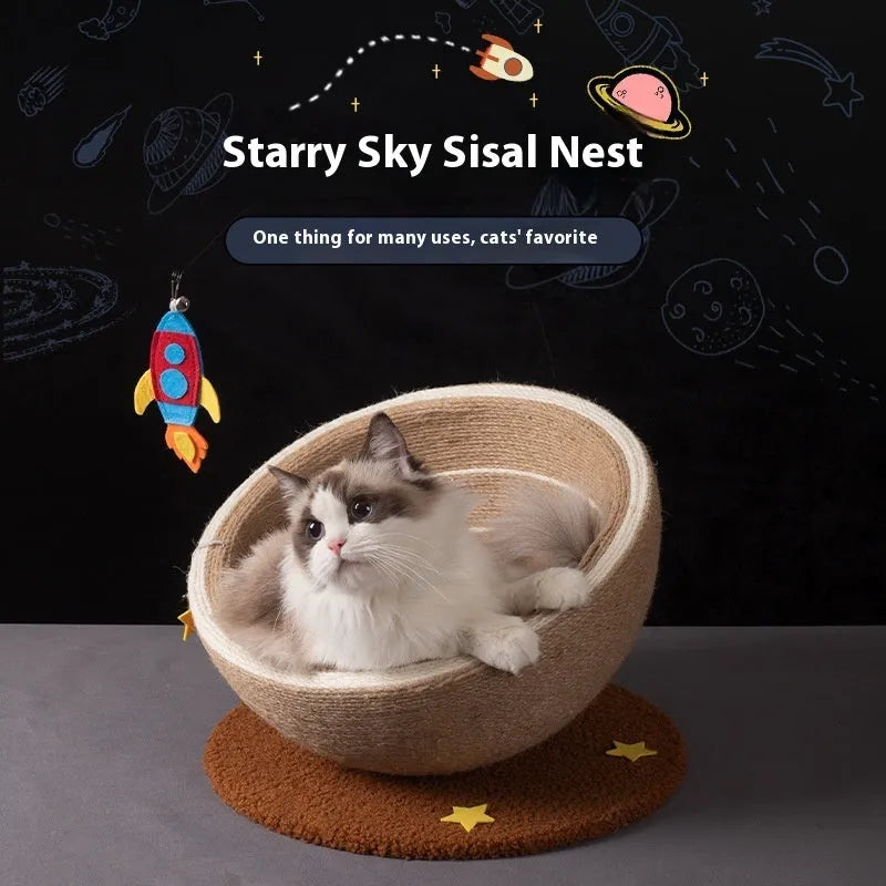 Large integrated cat scratching basin and nest with sisal rope scratching posts and flannel sleeping area