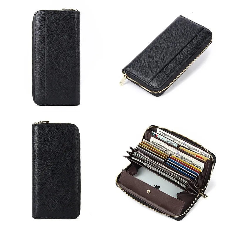 Genuine leather women's wallet showing interior compartments and anti-theft card swiping feature