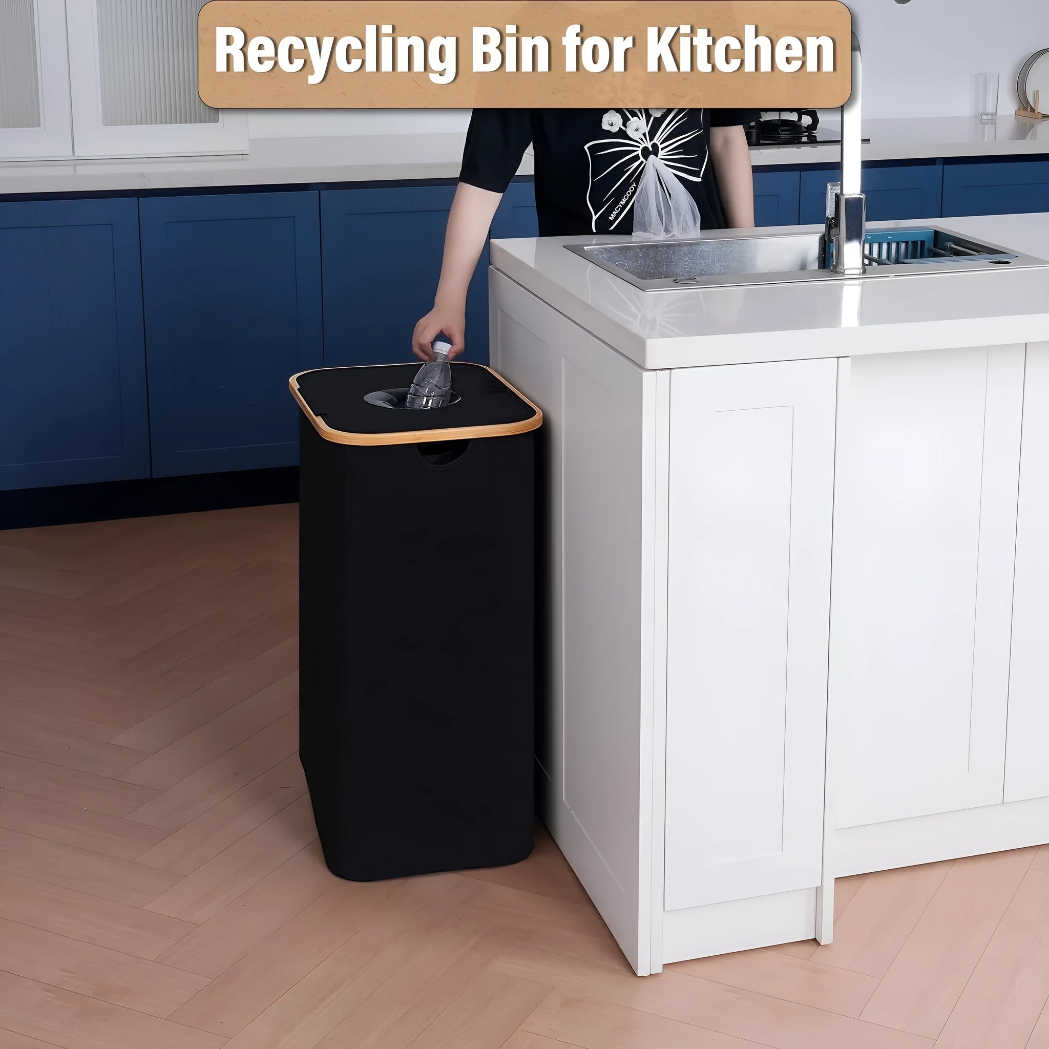 Black bamboo laundry basket with removable lid showing dual inner pockets and ventilation holes
