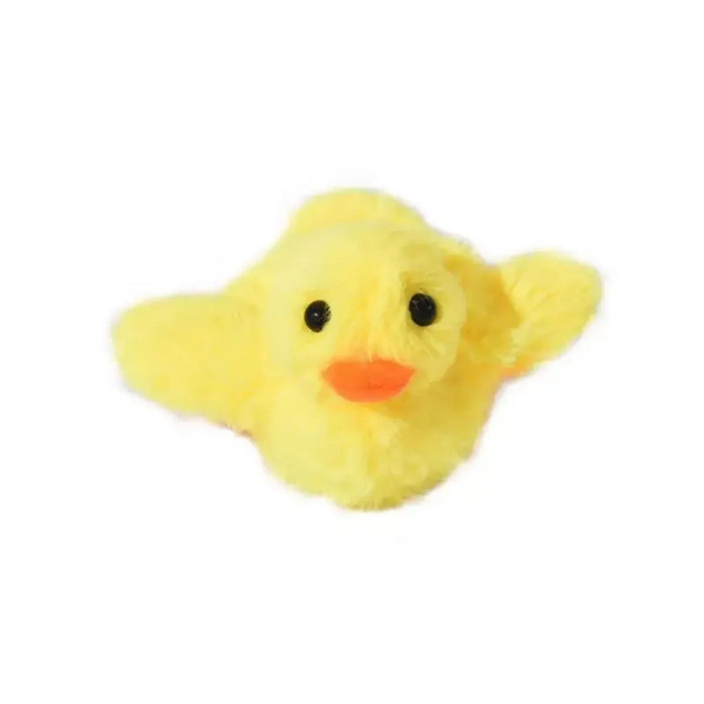 Yellow flapping duck interactive cat toy with plush feathers and a chick design on a plain background.