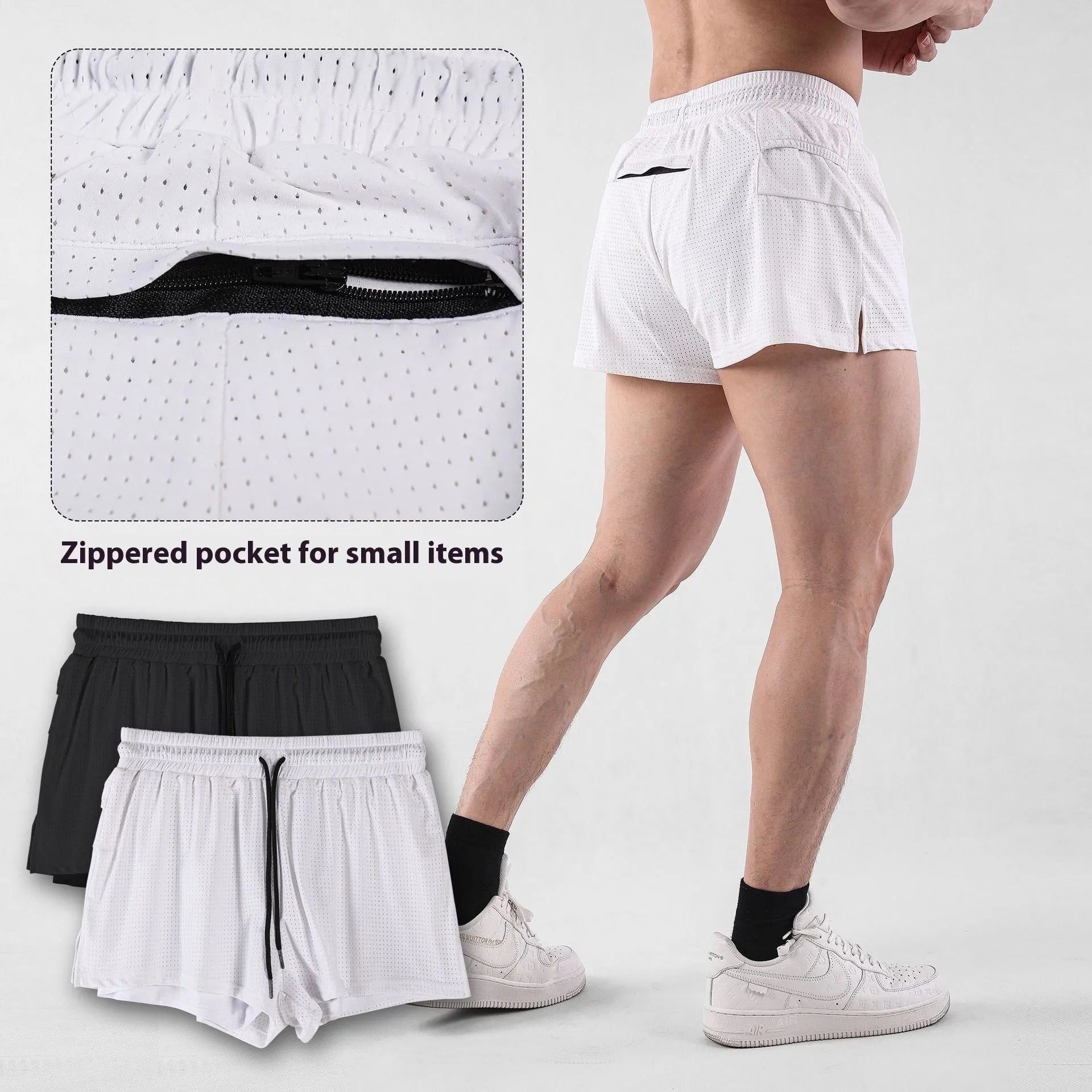 Men's quick-drying nylon summer shorts in white or black with mid waist design