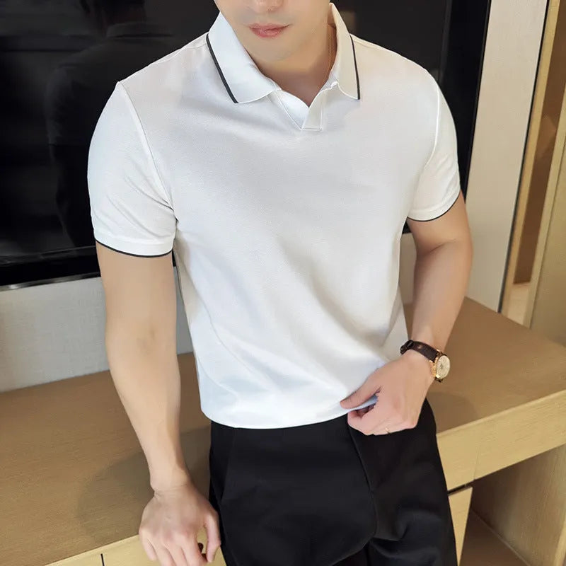 Men's short sleeve polo shirt with lapel collar in mercerised pearl cotton, shown in multiple colour options.