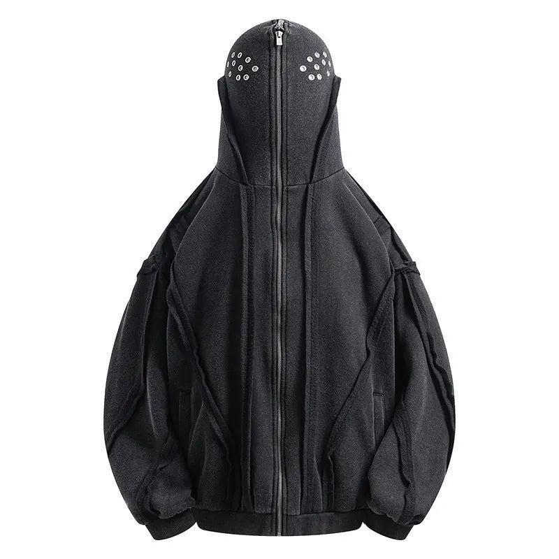 Black men's loose fit zip hooded coat with a retro abstract pattern, worn as a casual autumn jacket.