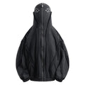Black men's loose fit zip hooded coat with a retro abstract pattern, worn as a casual autumn jacket.