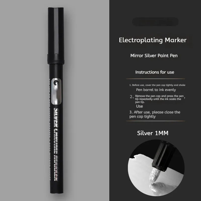 Waterproof mirror marker pen with plastic shell showing 1mm and 2mm tip size options.