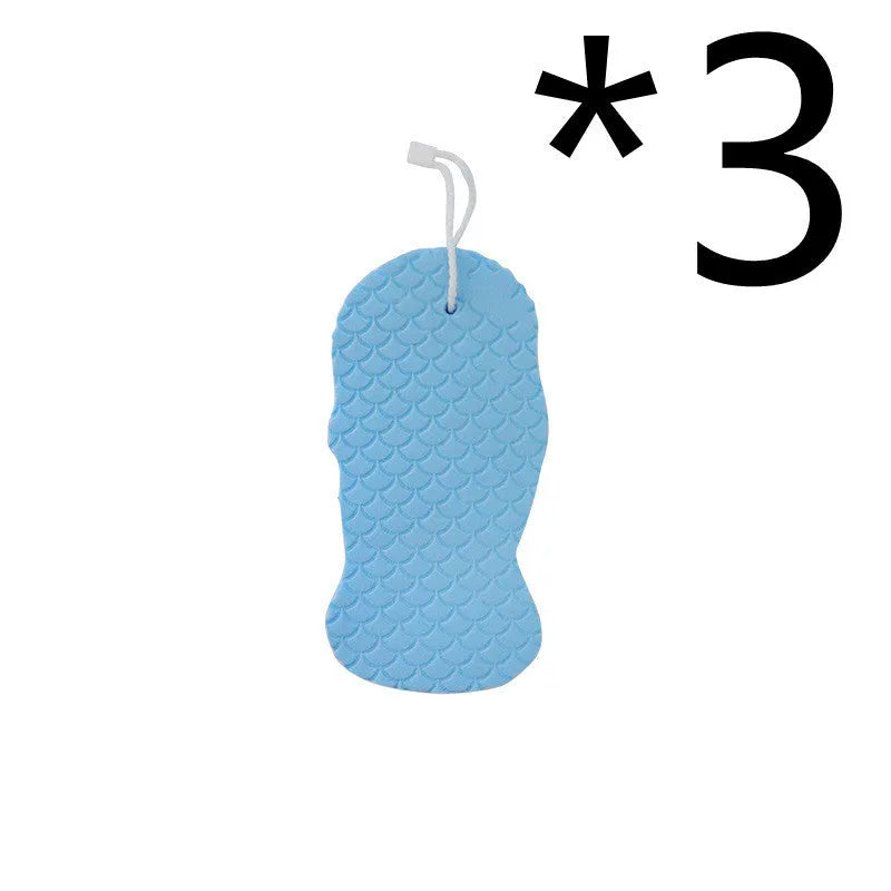 3D bath sponge ball with fish scale texture in white, grey, pink, and light blue colours