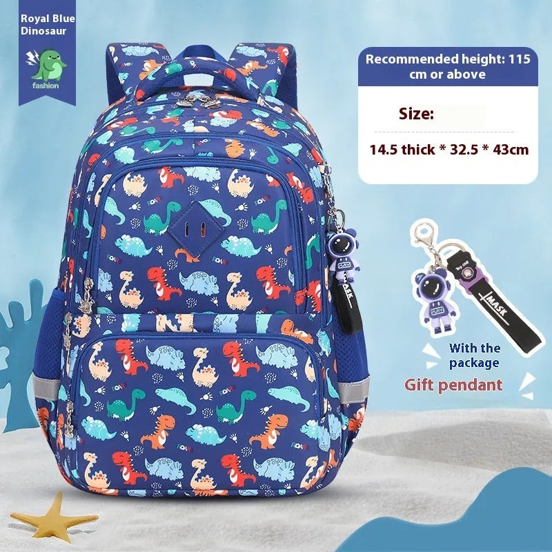 Blue children's school backpack with dinosaur print, showing curved straps and modern design.