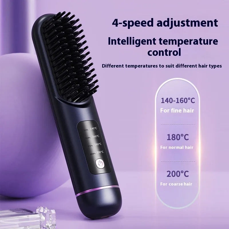 Portable negative ion hair straightening comb in blue, grey, or white, showing handheld size.