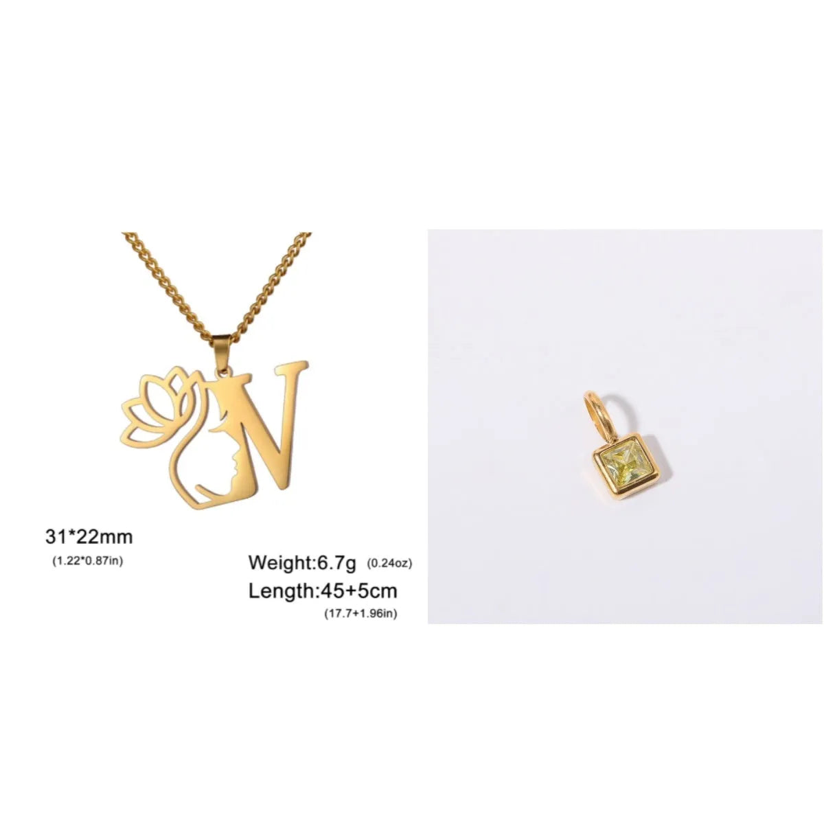 Stainless steel necklace with cross chain and a single letter pendant in gold or silver finish.