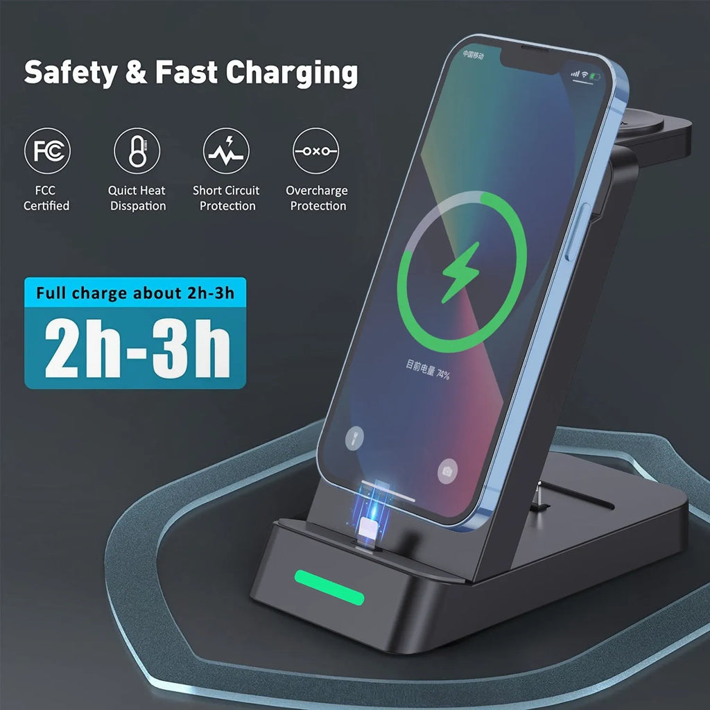 Black or white wireless charging station with phone stand charging iPhone, AirPods and Apple Watch simultaneously