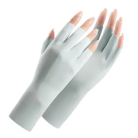 Thin beige women's sunscreen gloves with UPF50+ protection on a hand.