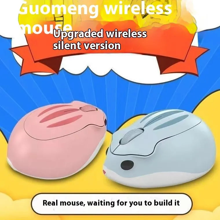 Hamster wireless Bluetooth mute mouse in yellow, pink, or grey colour, showing compact 105mm design