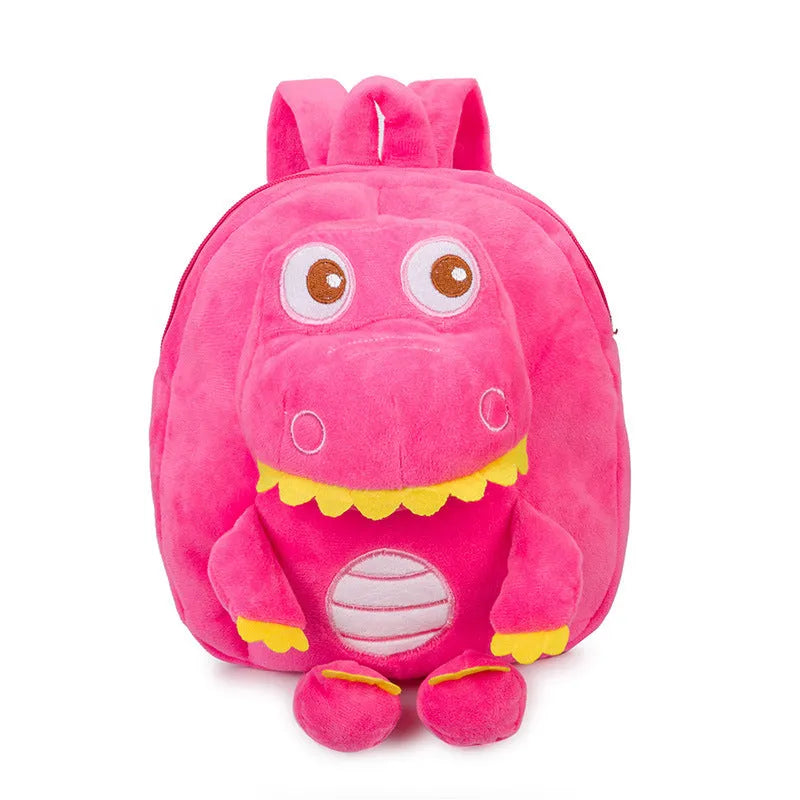 Blue soft plush dinosaur children's backpack with embroidery and a soft handle.