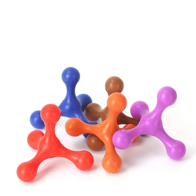 Blue silicone three-legged chew toy for small and medium dogs on a white background.