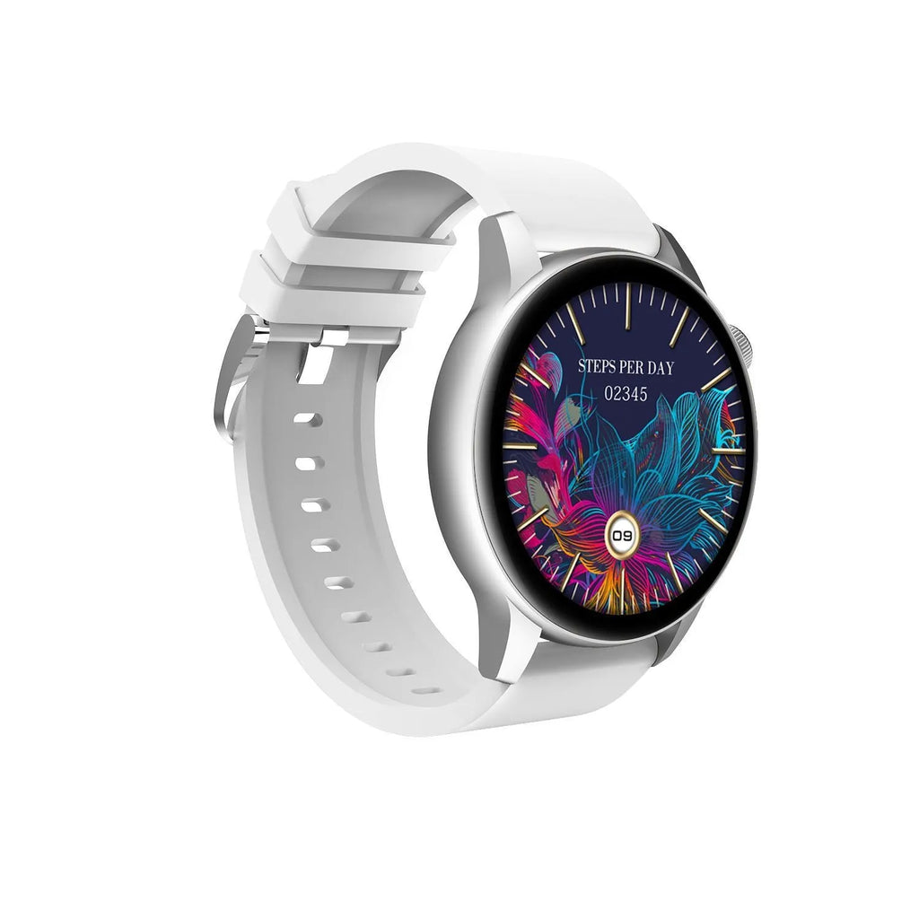 Stainless steel smart watch with a 1.30-inch colour screen in black, pink, or silver.