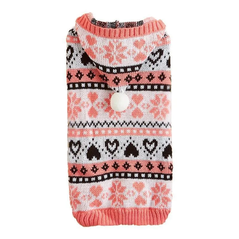Striped camouflage dog sweater with snowflake motifs in pink acrylic knit for small breeds