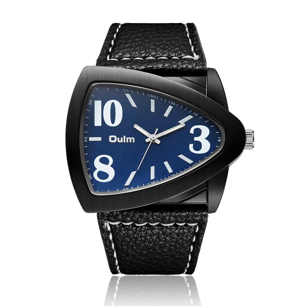 Men's casual triangle belt quartz watch in brown, black, or blue colour with 9mm thick case.