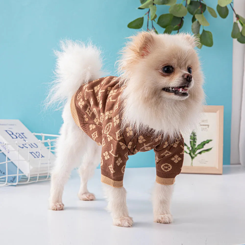 A thick wool dog sweater for winter available in multiple sizes and colours.