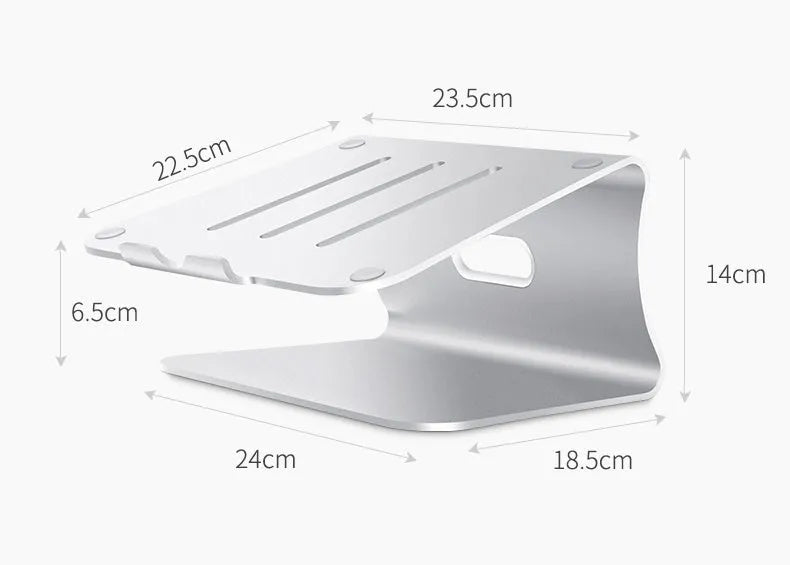 Aluminium laptop cooling bracket with rotating silver base on desk
