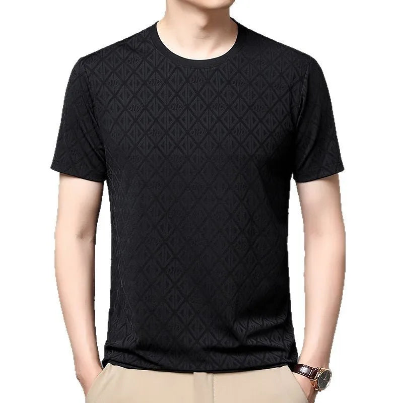 Men's loose fit round neck short sleeve t-shirt in ice silk jacquard fabric