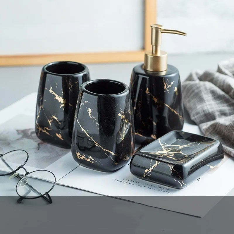 Ceramic bathroom wash set in light luxury style with decal process finish available in black blue or white