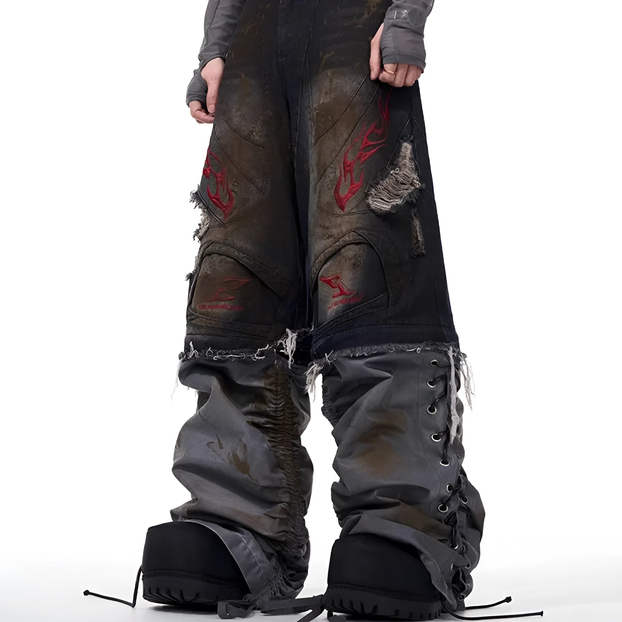 Men's wide leg denim jeans with detachable trouser legs in retro style