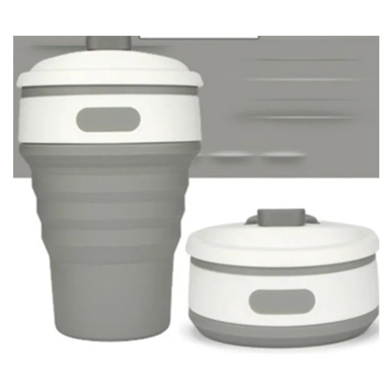 Green collapsible silicone travel cup showing folded and expanded states with leak-proof cover