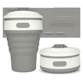 Green collapsible silicone travel cup showing folded and expanded states with leak-proof cover