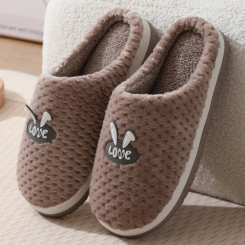 Women's rabbit plaid cotton house slippers with a thick rubber sole, shown in apricot colour.