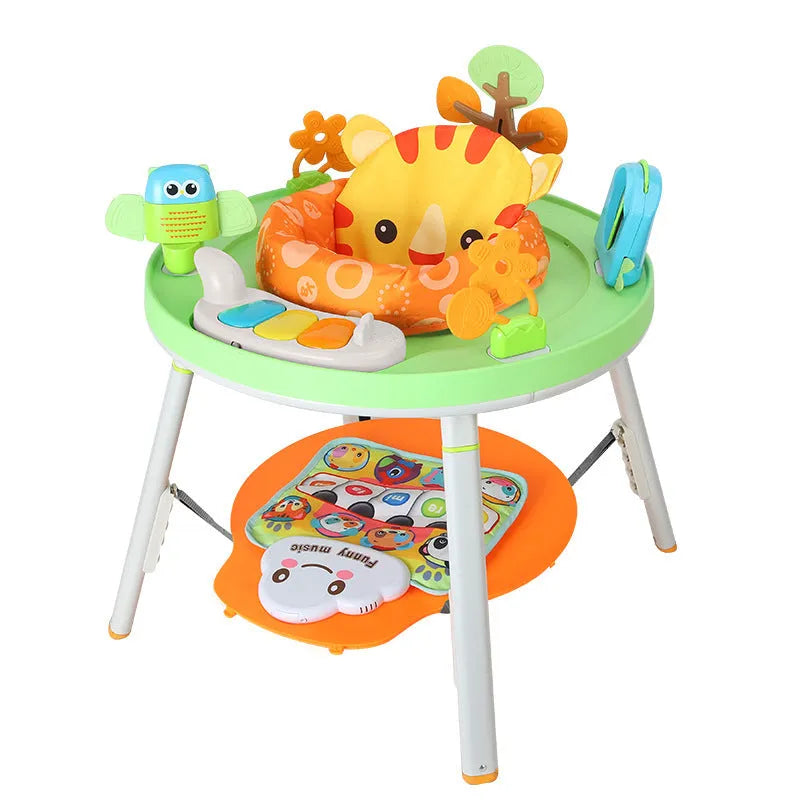 Baby jumping chair with three functions including bouncing and gymnastic rack elements in plastic construction