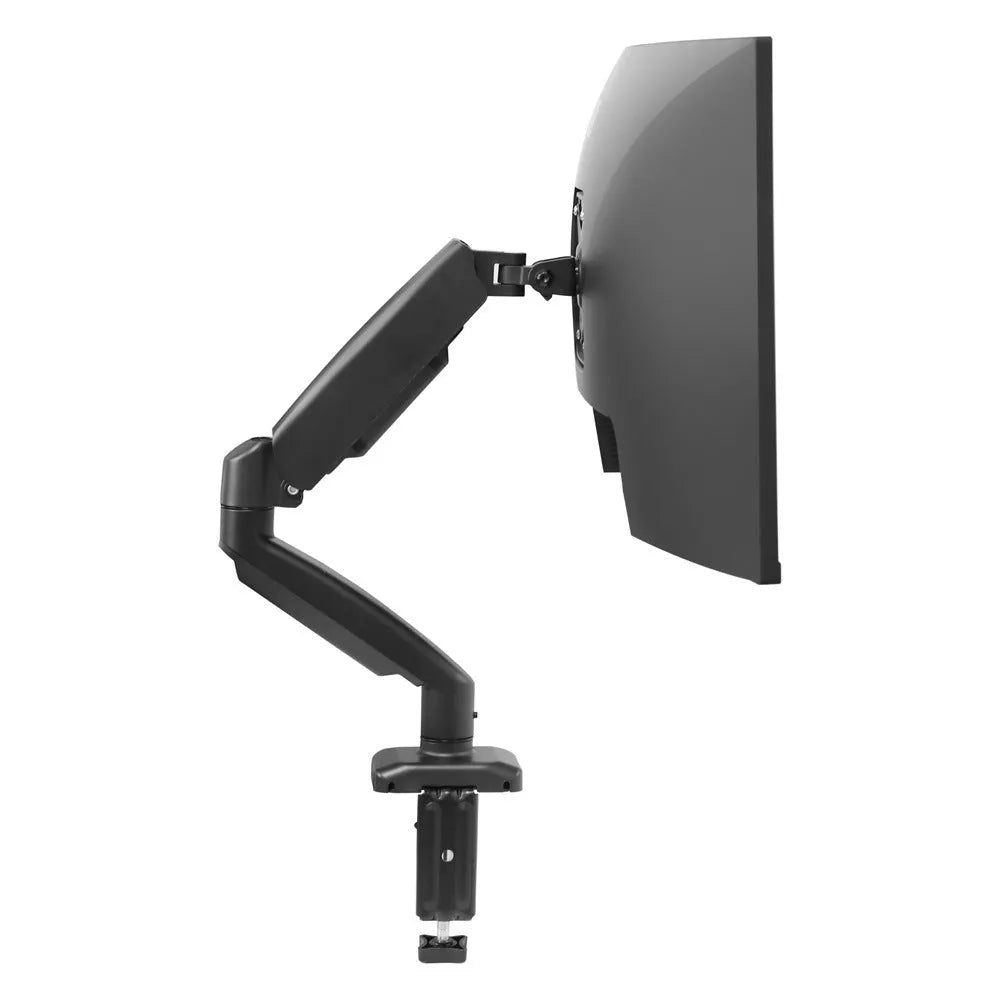 Black and white rotating telescopic LCD monitor stand with metal aluminium construction on a desk