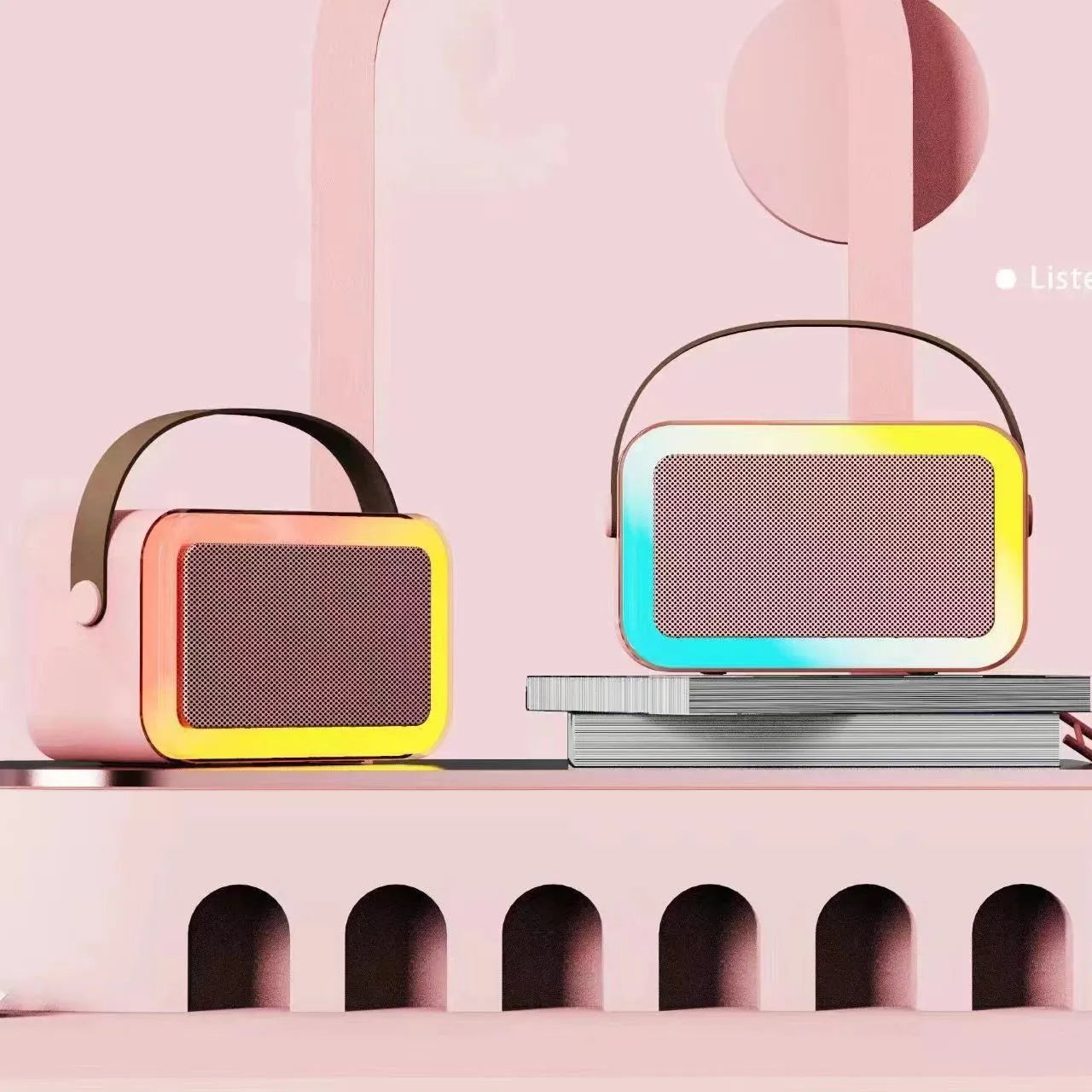 Portable Bluetooth speaker microphone with coloured LED lights in pink, white or sky blue colour options