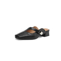 Low-heel square-toe outdoor leisure slippers in artificial PU, available in black, beige, and silver colours.