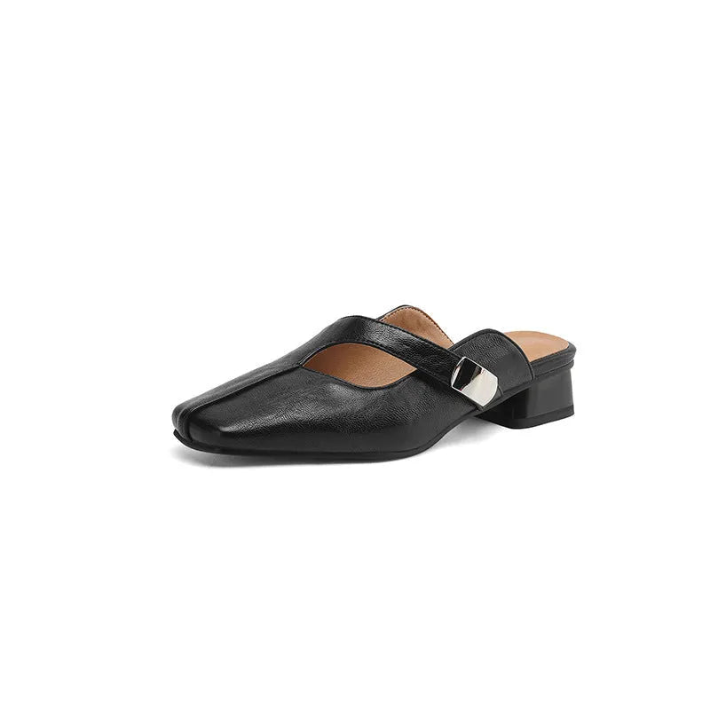 Low-heel square-toe outdoor leisure slippers in artificial PU, available in black, beige, and silver colours.
