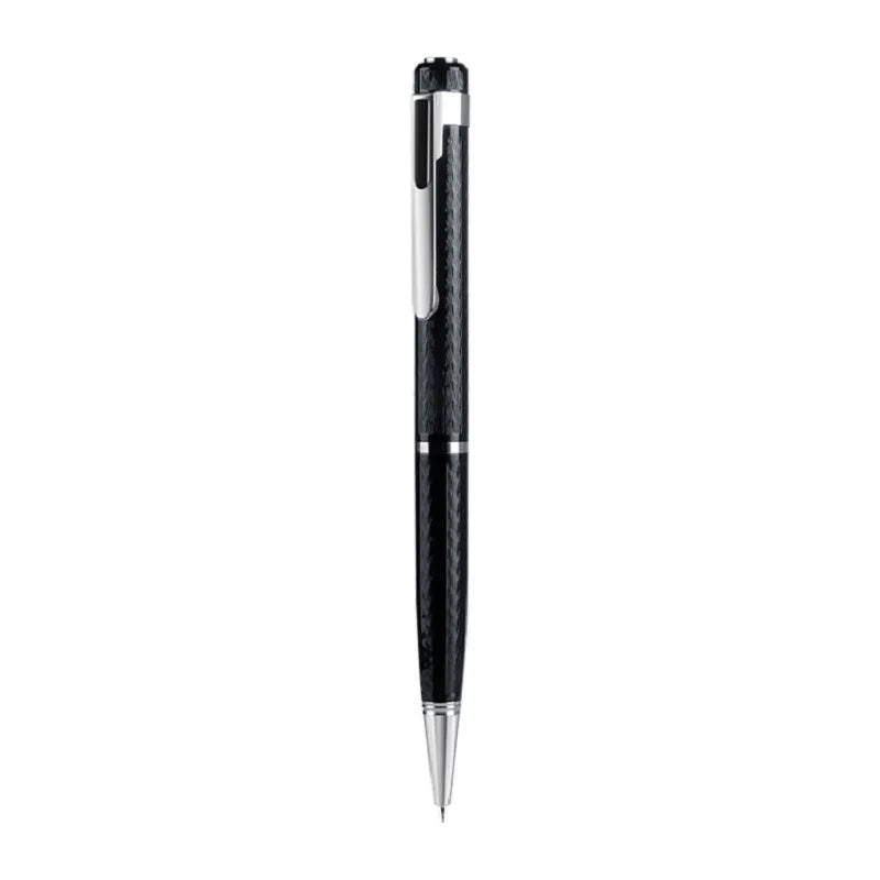 Black pen shaped audio recorder with zinc alloy shell shown next to included headset and USB data cable.
