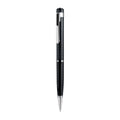 Black pen shaped audio recorder with zinc alloy shell shown next to included headset and USB data cable.