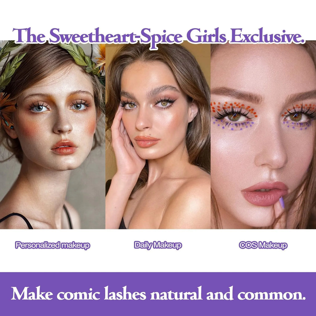 Set of five pairs of black wispy manga-style false eyelashes for anime cosplay and Korean makeup.