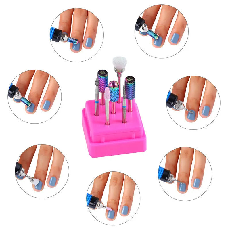 Set of seven tungsten steel nail drill bits and a brush in a transparent storage case.