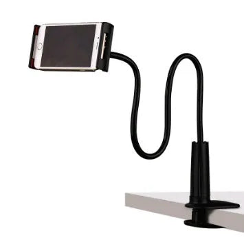 Black adjustable bedside phone holder with long arm on a table