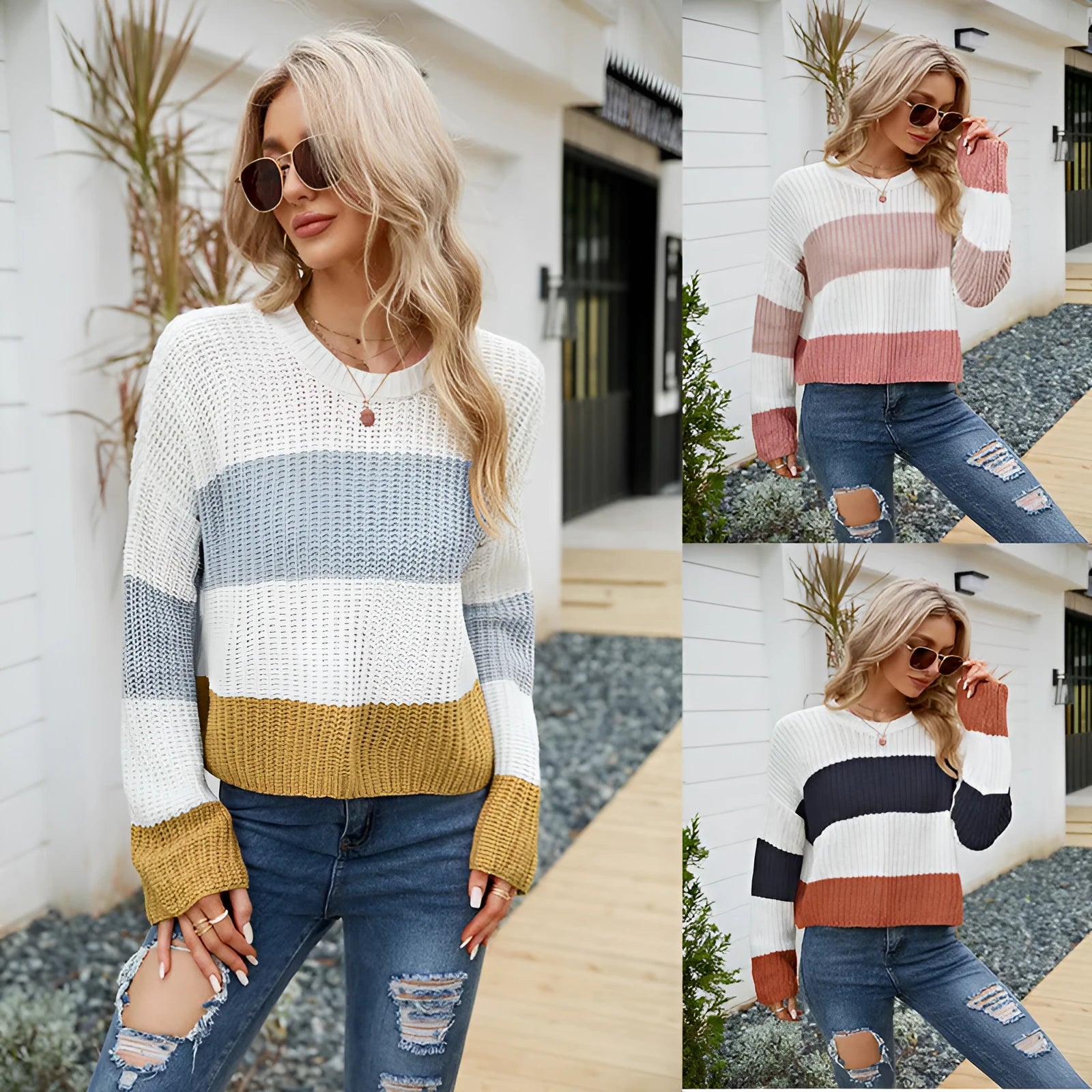 Short, loose-fitting striped women's pullover sweater on a hanger.