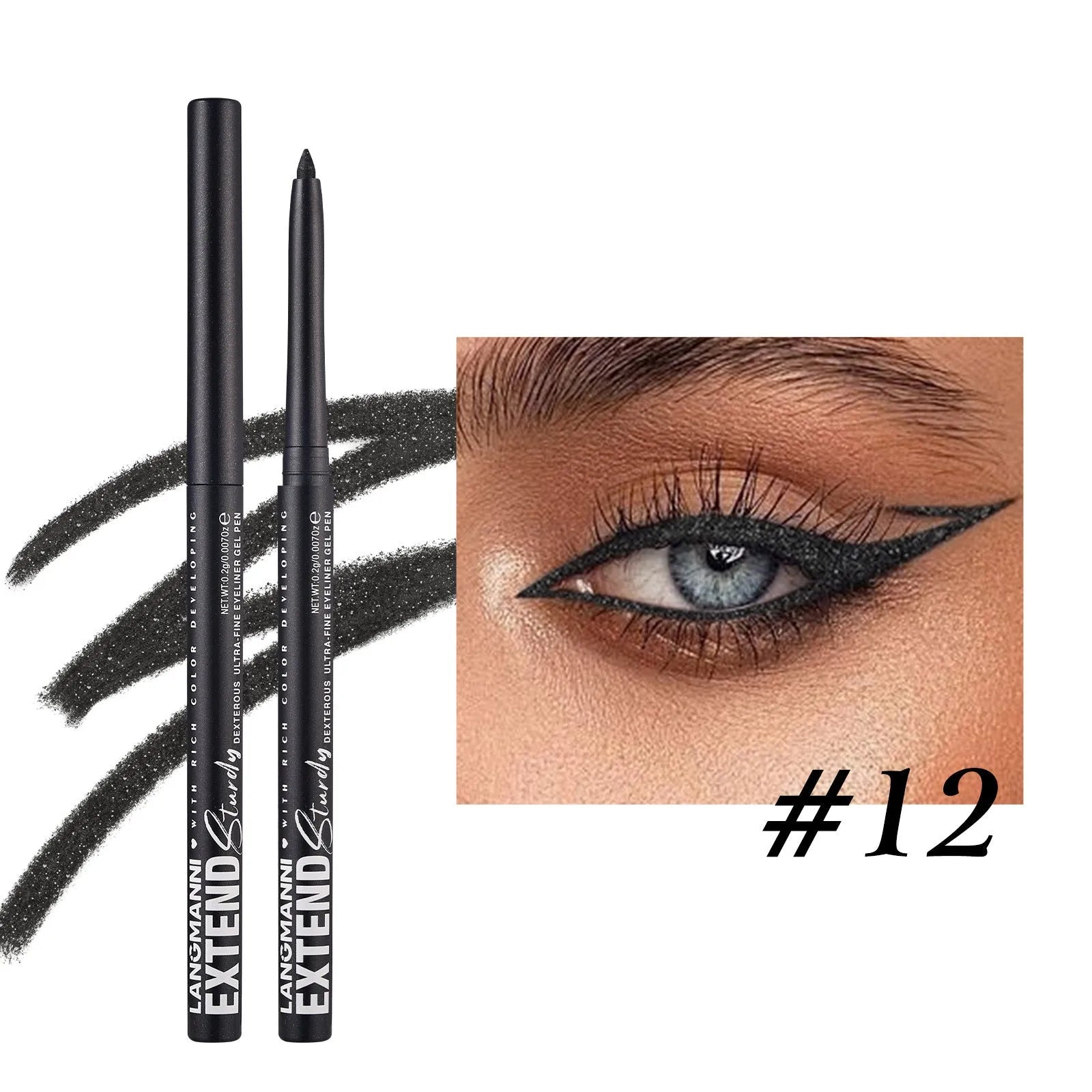 Set of 12 colourful gel glitter eyeliner pencils arranged showing metallic, matte, and glitter finishes.