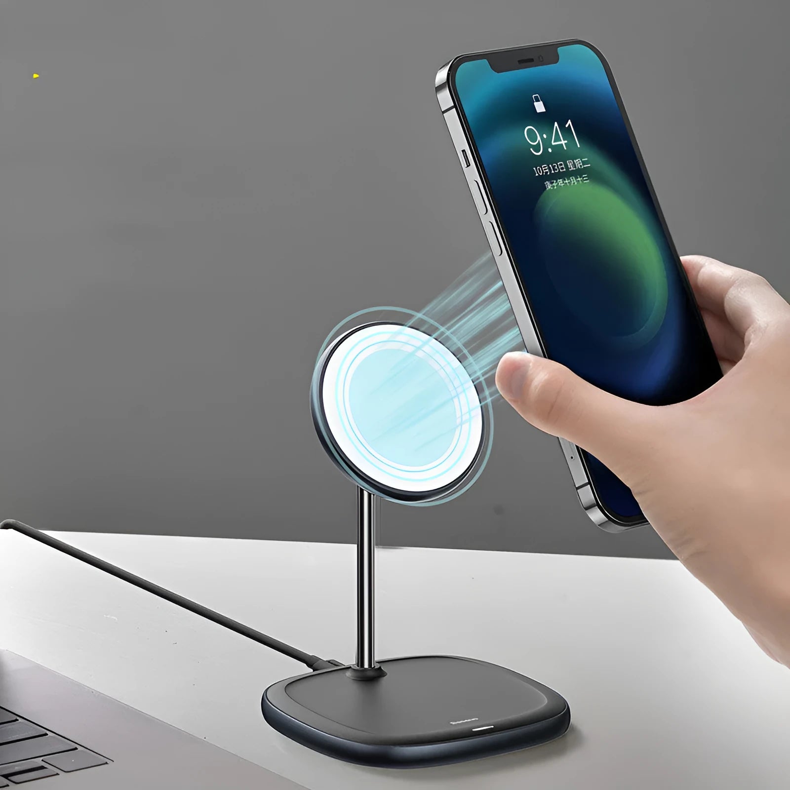 Black and white magnetic wireless charger stand for iPhone 12 with stainless iron base and Type-C cable
