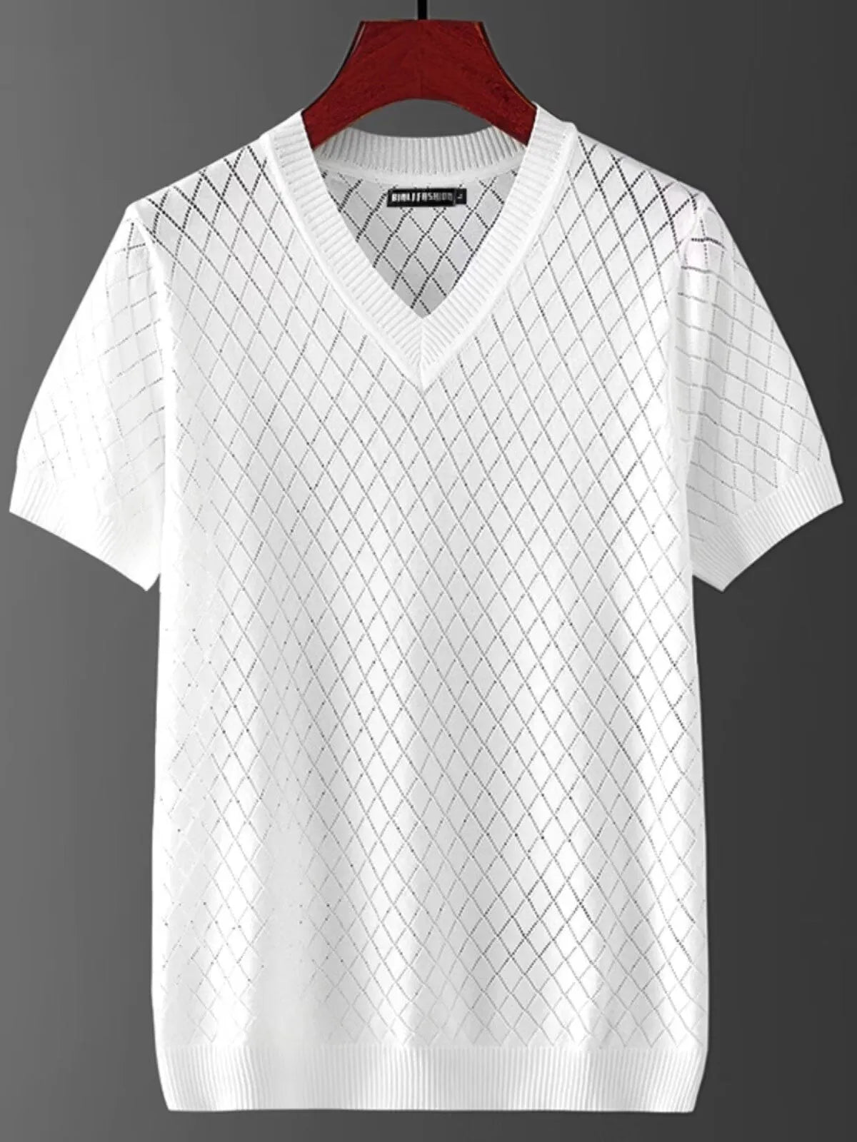 Men's ice silk V-neck t-shirt with cut-out detail in black colour, plus size Korean style summer casual top