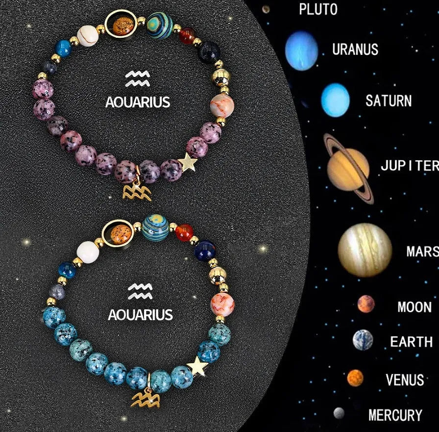 Set of two natural stone beaded bracelets with adjustable strings, showcasing zodiac constellation styles.