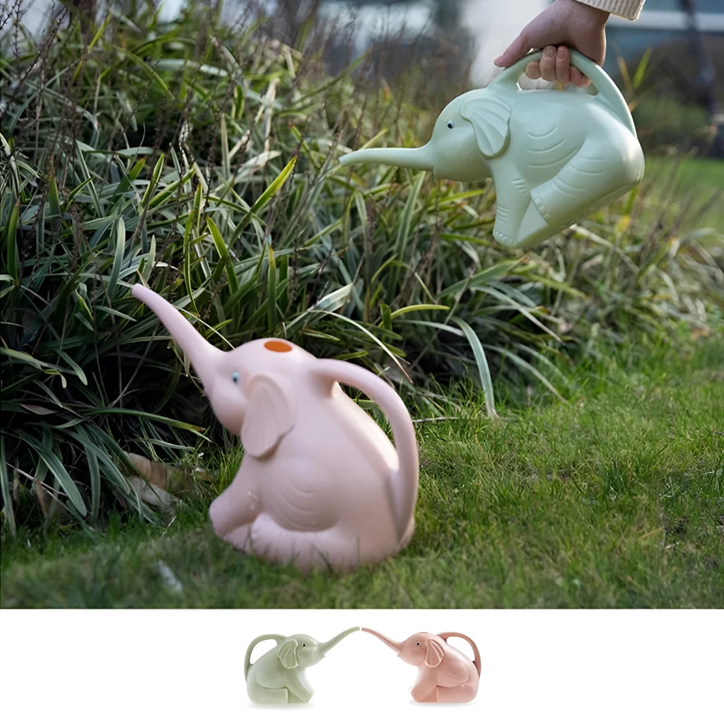 Pink children's elephant-shaped watering can with a long nozzle and baby bottle handle.