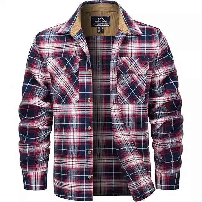 Men's plaid flannel casual button shirt in cardigan style for autumn and winter wear